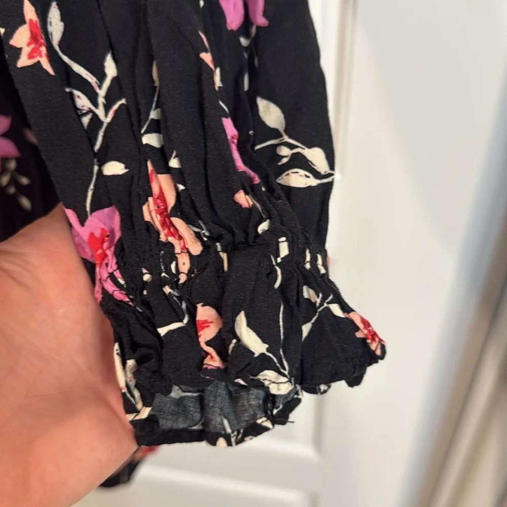 Free People Lighten-Up Mini Dress Black Floral Print Long Sleeve XS